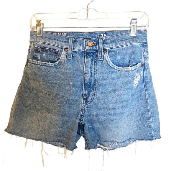 J. Crew Blue Denim Slim Distressed Cut Off Re-Imagined Jean Shorts - Picture 1 of 6